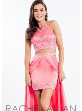 Rachel Allan Coral High-Low 2-Piece Prom Dress Beaded Crop Top Train NWT Size 2